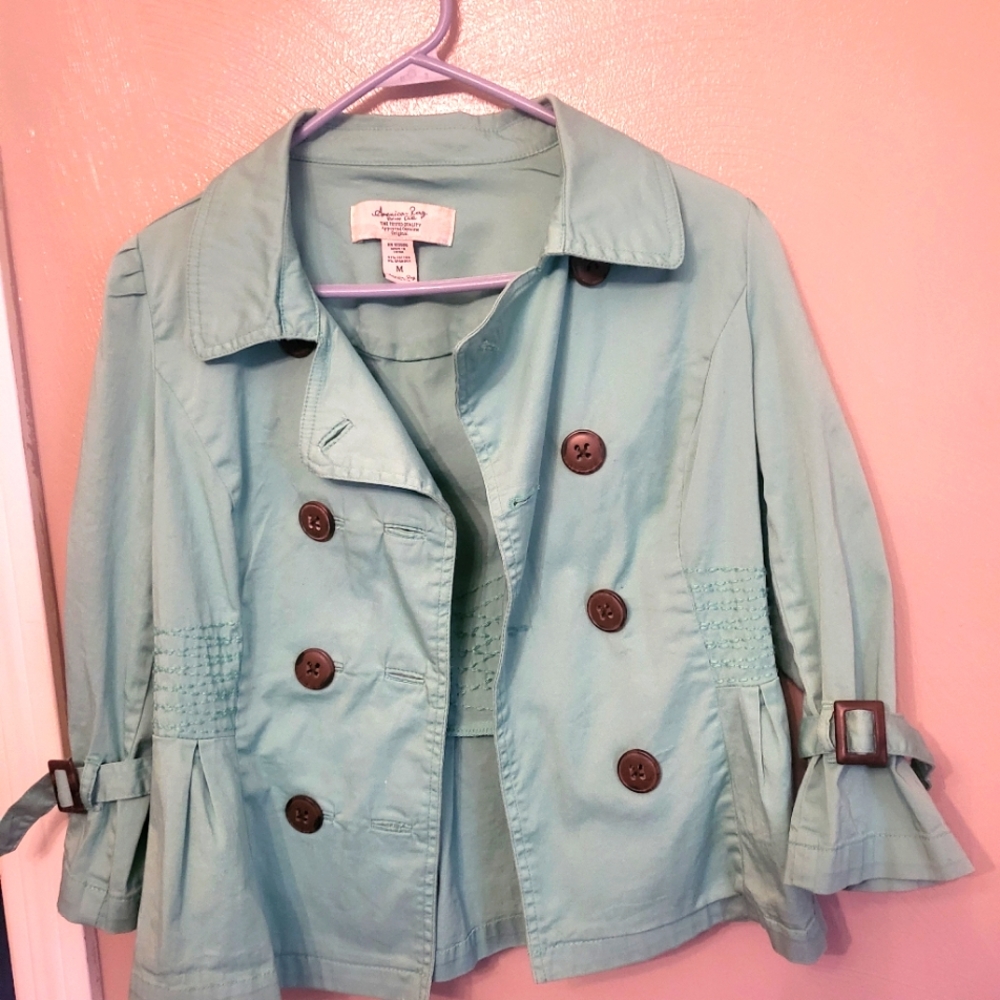 American Rag Sage green jacket with buttons and buckles on the sleeve